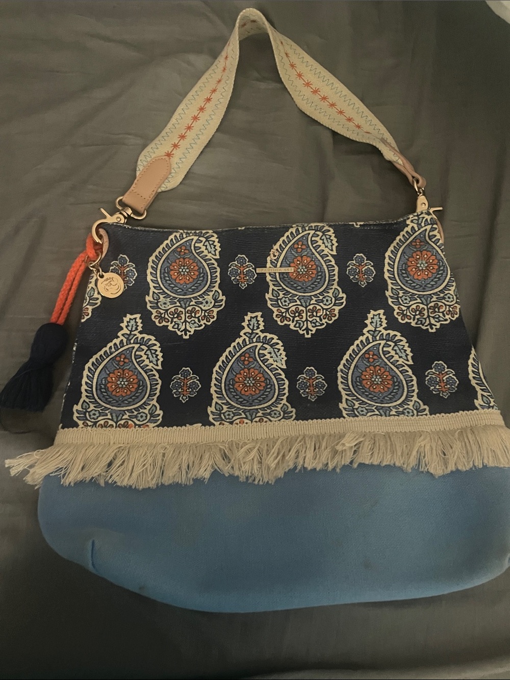 Blue Paisley Fringe Shoulder Bag with Patterned Strap